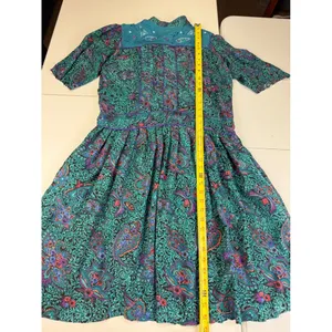 Vintage Phool Paisley Midi‎ Dress Teal Purple Mock Neck Short Sleeve India M thumbnail 3