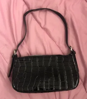 Whimsygoth Y2K Style Black patent faux croc leather shoulder baguette thumbnail 1