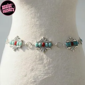 Y2K 2000s style Silver and turquoise belt with a boho vibe thumbnail 1