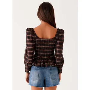 Peppermayo Joyce Long Sleeve Cotton Shirred Top Size 6 Chocolate Check Smocked thumbnail 13