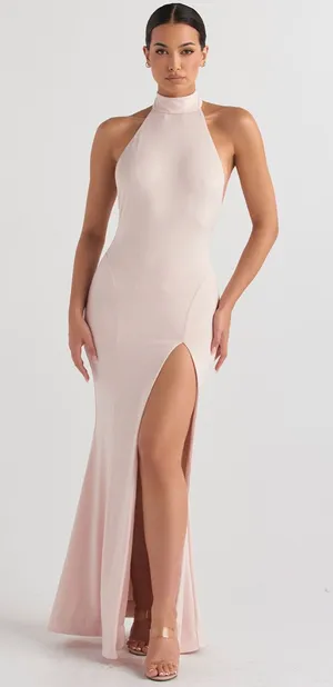 NWT House Of CB Juliette Blush Pink Halter Gown Maxi Dress Medium thumbnail 1