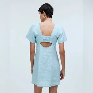 Madewell‎ Square-Neck Mini Dress 100% Linen Euro Summer Coastal Blue NWT Sz 00 thumbnail 2