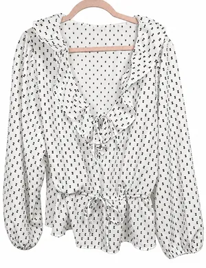 Women’s Blouse 2XL Plus White Waist-Defined Clip-Dot Shirt V-Neck Top thumbnail 4