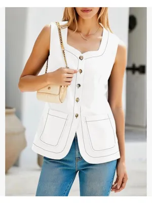 NEW Cream Square Neck Denim Vest Button Down Sleeveless Jean Waistcoat L thumbnail 4