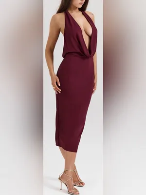 New HOUSE OF CB FLORENTINA halter Merlot Draped Midi Dress sz XL L+ thumbnail 2