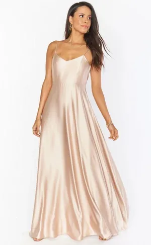 Show Me Your Mumu New Champagne Luxe Satin Faith Maxi Dress Size Large thumbnail 1