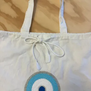 Buggy Cotton Tote Bag Embroidered Evil Eye Drawstring Tassel Blue Silver White thumbnail 4