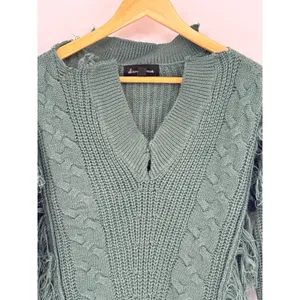 Alison Andrews Sage Green Fringe Cable Knit Sweater Medium Boho Chunky Pullover thumbnail 3