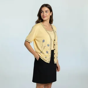 Vintage Alfred Dunner Yellow and Black Floral Cardigan Sweater Medium thumbnail 2
