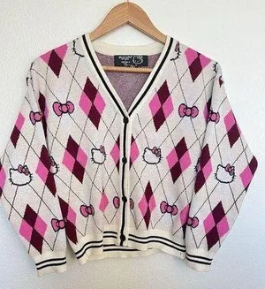 Hello Kitty Argyle Knit Cardigan Sweater Pink Burgundy Preppy Coquette Mall Y2K thumbnail 1