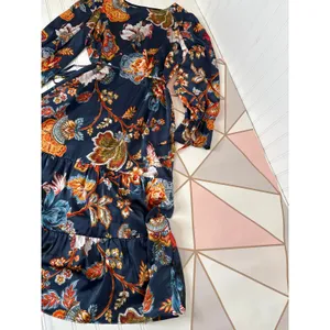 Julia Jordan Floral Print Tie Waist Tiered Midi Dress Blue Multi Drawstring M thumbnail 6