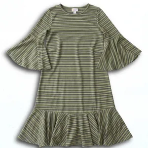 LuLaRoe Carly Dress XXS Green Grey Striped Bell Sleeve Ruffle Hem New With Tags thumbnail 1