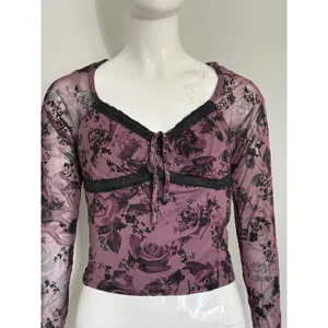 Derek Heart Y2K Purple Mesh Floral Lace Trim Long Sleeve Crop Top Grunge Blouse Women’s M thumbnail 4