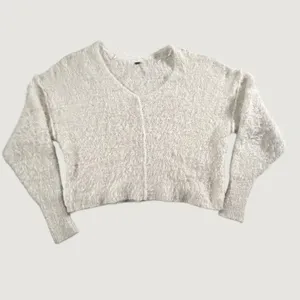 Free People Sweater XS Ivory Eyelash Knit Fuzzy Cropped v Neck Sweater Relaxed thumbnail 2