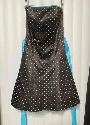 Jessica McLinton for Gunne Sax strapless brown with blue polkadox fit & flare dr thumbnail 1