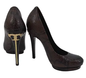 Tory Burch Brown Snakeskin Leather Platform Pumps Gold Logo Heel Size‎ 5.5M thumbnail 1