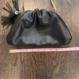 Understated Faux Leather Black Ruched Frame Clutch Pouch Handbag with Gold Chain thumbnail 3