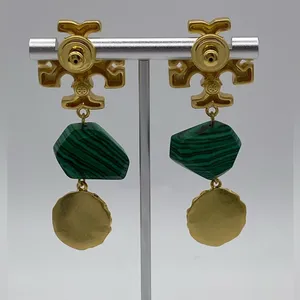 Tory Burch Roxanne double drop earrings with green malachite and resin. New thumbnail 3