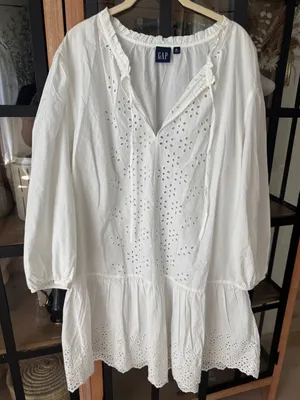 GAP eyelet embroidered long sleeve dress tie front cotton tiered ruffle hem thumbnail 1