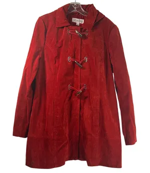 Bradley Bayou Red Suede Leather Toggle Hooded Coat Jacket Large L Silver Toggles thumbnail 1