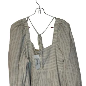Mystree Womens Smocked Midi Dress Lined Striped Puff Sleeve Oatmeal Small NWT thumbnail 2