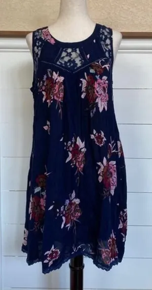 Patrons of Peace Navy Floral Lace Inset Sleeveless Boho Mini Dress NWT‎ Size S thumbnail 1