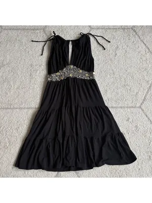 Black Embellished Empire Waist Dress Beaded Tiered Skirt with Tie Straps thumbnail 2