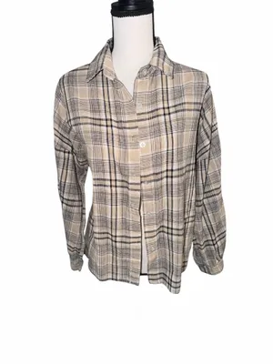 Classic Tan Beige Plaid Long Sleeve Button Down Shirt Blouse Casual Fall Size XL thumbnail 3