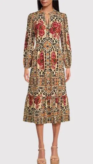 A Loves A Womens Dress Brown Vintage Floral Split V Neck Midi A Line Boho XS thumbnail 1