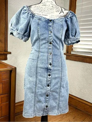 MELE E PERE | Acid Wash Denim Front Snap Puff Sleeve Stretchy Mini Dress Size S thumbnail 1
