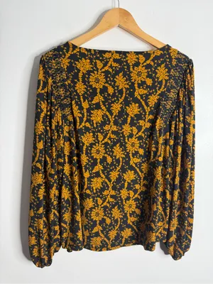 Ann Taylor Black Mustard Floral Puff Sleeve Blouse Large Workwear Office Career thumbnail 3