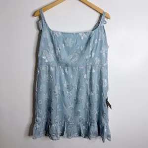 NWT Lulus Light Blue Floral Mini Dress Square Neck Tie Strap Ruffle Hem XL Party thumbnail 2