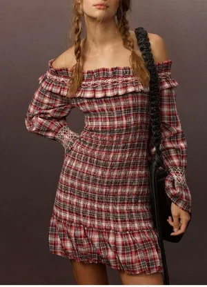 Pilcro Smocked Plaid Mini Dress, Size L thumbnail 1