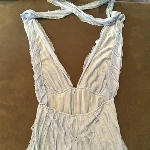Women’s Blue V-Neck Backless Jumpsuit Romper RuffleWave WideLeg Pants Size M NEW thumbnail 8