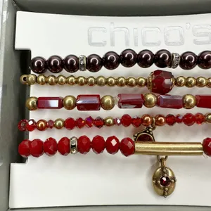 Chico's Gold Tone Stretch Bracelet Set of 5 Red Burgundy ✨ thumbnail 5