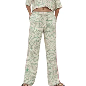 Zara Womens Green Pink‎ Abstract Print Linen Blend Straight Leg Pants High Rise thumbnail 2