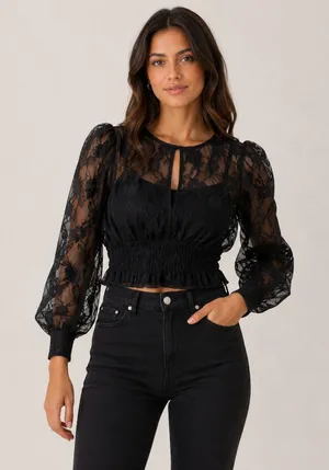 H&M Black Lace Puff Sleeve Top Sheer Romantic Coquette Going Out Blouse thumbnail 1