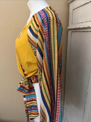 Flying Tomato Golden Yellow Wrap Blouse with Multicolor Stripe Sleeves thumbnail 3
