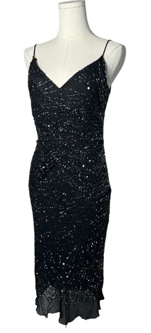 Vintage Scala Black Fully Beaded 100% Silk Whimsigoth Midi Evening Dress Wedding thumbnail 1