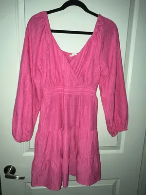 Mint Of Blush Bright Pink Long-Sleeve V-Neck Tiered Dress thumbnail 1