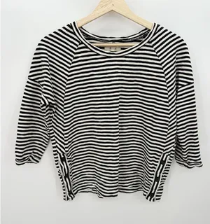 Madewell Black White Striped 3/4 Sleeve Side‎ Button Thick Cotton Top Womens XS thumbnail 1