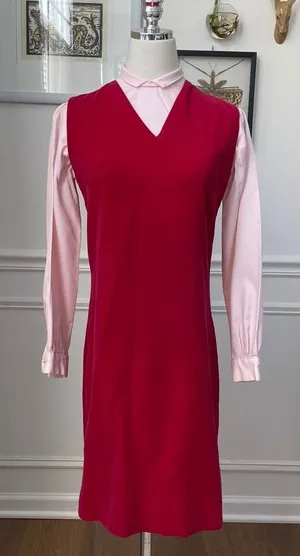 Vintage 60s Red Velveteen Shift Dress Pink Cropped Blouse XS thumbnail 1