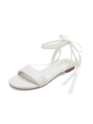 PALSCOU Wedding Shoes for Bride Flat Sandals Open Toe Pearl Bridal Shoes size 6 thumbnail 2