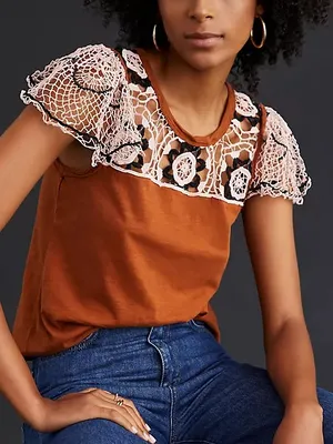 By Anthropologie Women’s Flutter Sleeve Top Lace Size M thumbnail 1