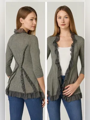 Guinevere Anthropologie Olive Green Striped Ruffle Open Front Cardigan Sz S thumbnail 2