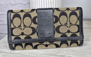 Coach Signature Jacquard Trifold Wallet Black Beige Canvas Leather Checkbook Y2K thumbnail 1