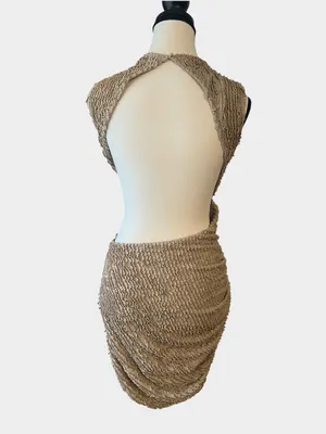 NWT Babyboo Aphrodite Beige Textured Ruched Open Back Mini Dress M thumbnail 6