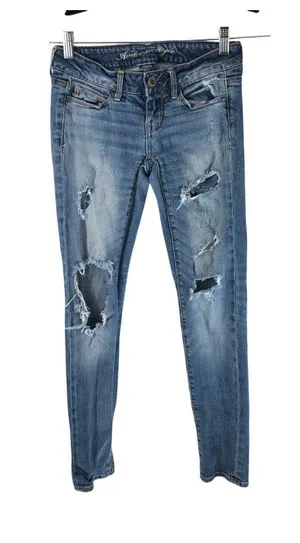 American Eagle Jeans Skinny Medium Wash Distressed Ripped Stretch 00 Short thumbnail 1