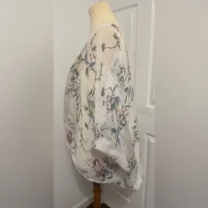 Tempo Paris Silk Blend Floral Boho Blouse Ivory Sheer Button Front Twist Hem Lrg thumbnail 2