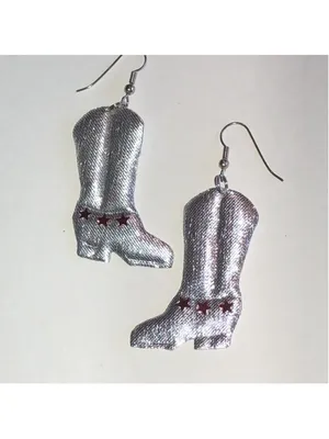 Silver Tone Fabric Cowboy Boot Earrings with Red Stars thumbnail 2